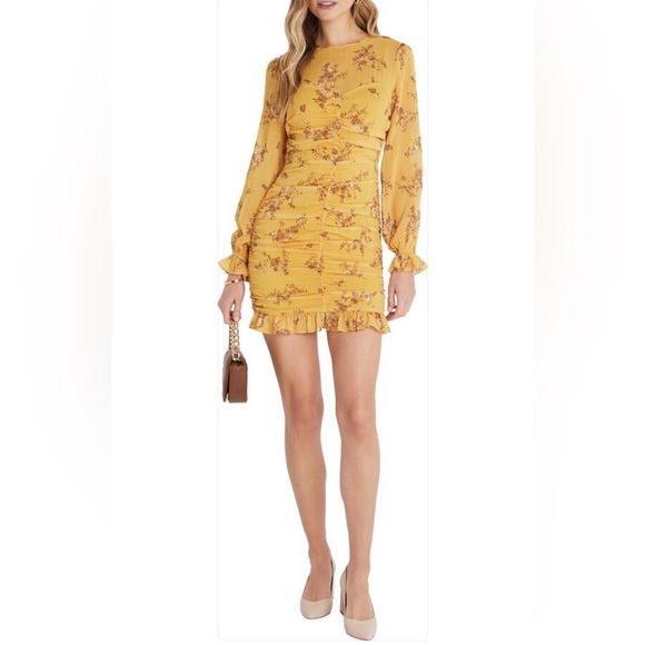 Vici Dresses & Skirts - Vici Collection Floral Ruched Long Sleeve Minidress In Mustard Size Medium
